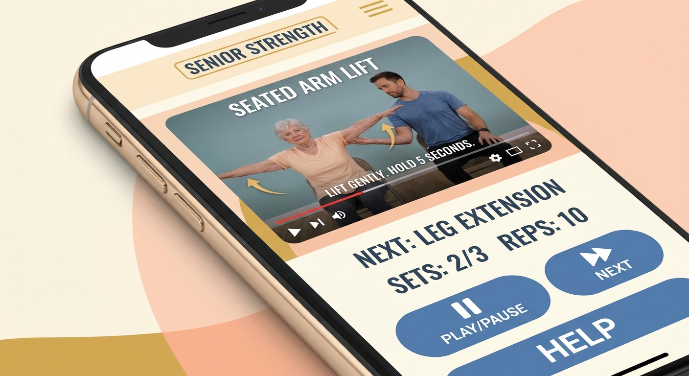 Aplicativo de treino para melhor idade - Personal Millbody Tela do app Personal Millbody mostrando exercício com vídeo para terceira idade