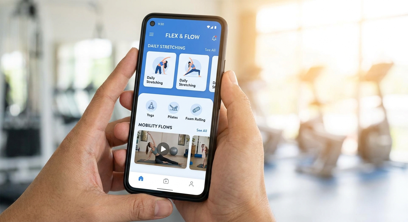 App Personal Millbody - Tela de treino de alongamento Tela do aplicativo Personal Millbody mostrando treino de alongamento e mobilidade