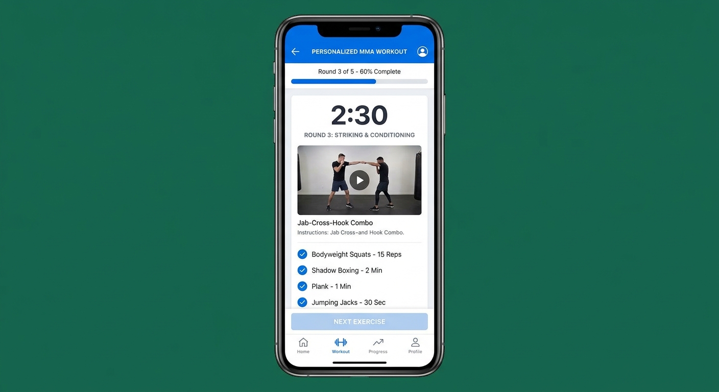 App para personal trainer de MMA: tela do Millbody mostrando treino personalizado
