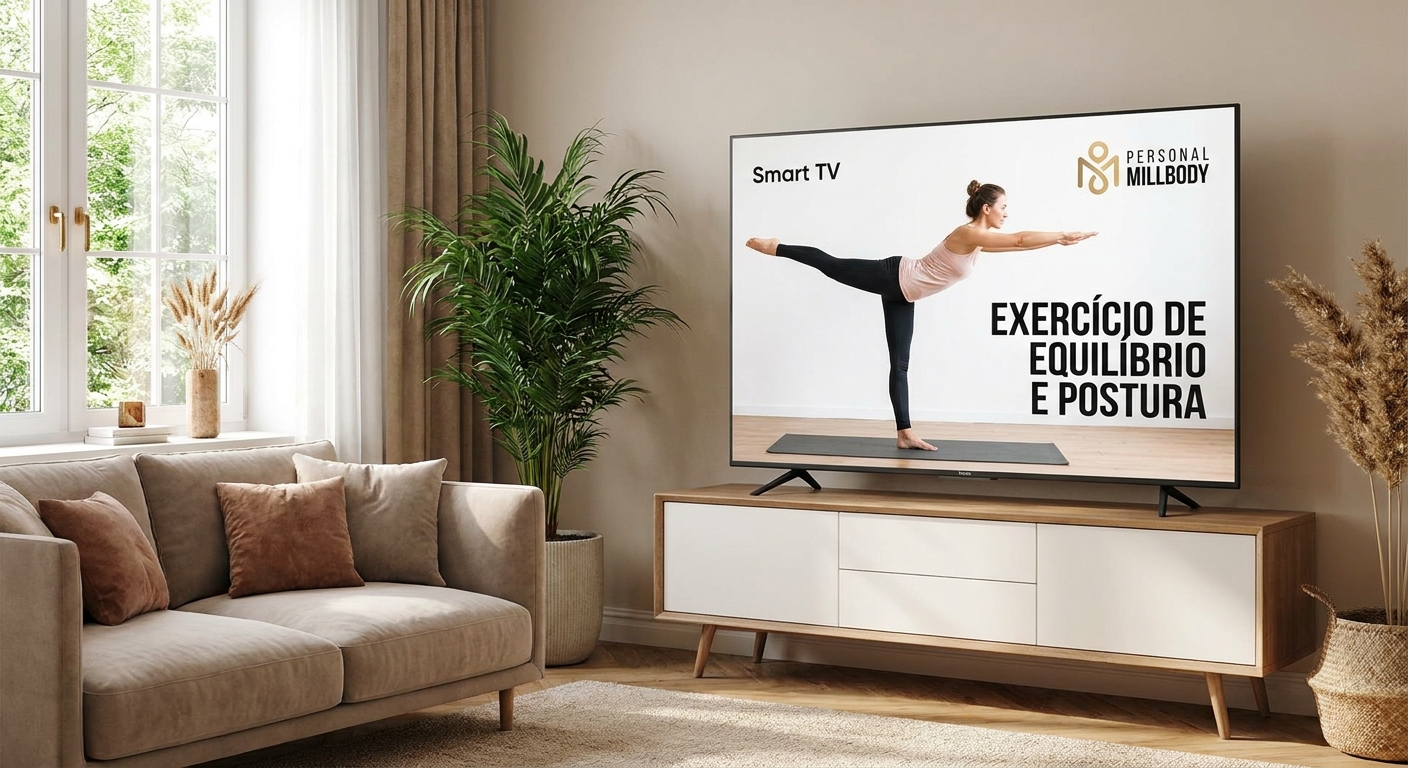 Aplicativo para estúdio de Pilates Personal Millbody rodando em Smart TV com exercício de equilíbrio