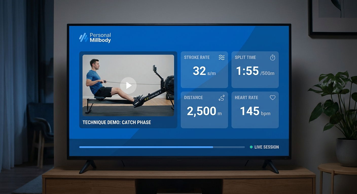 App Personal Millbody rodando em TV com métricas de remo indoor como stroke rate, split time e distância