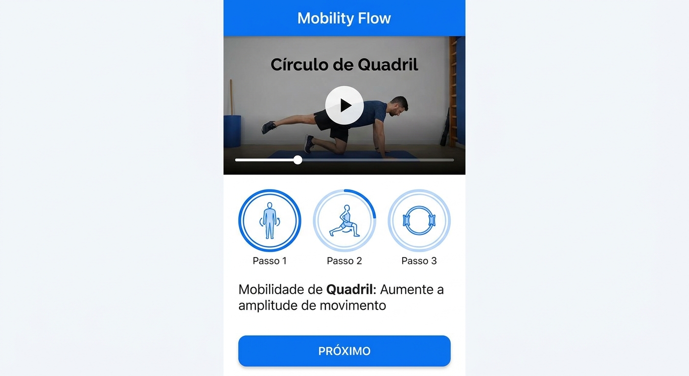 App Personal Millbody mostrando vídeo passo a passo de exercício de mobilidade articular