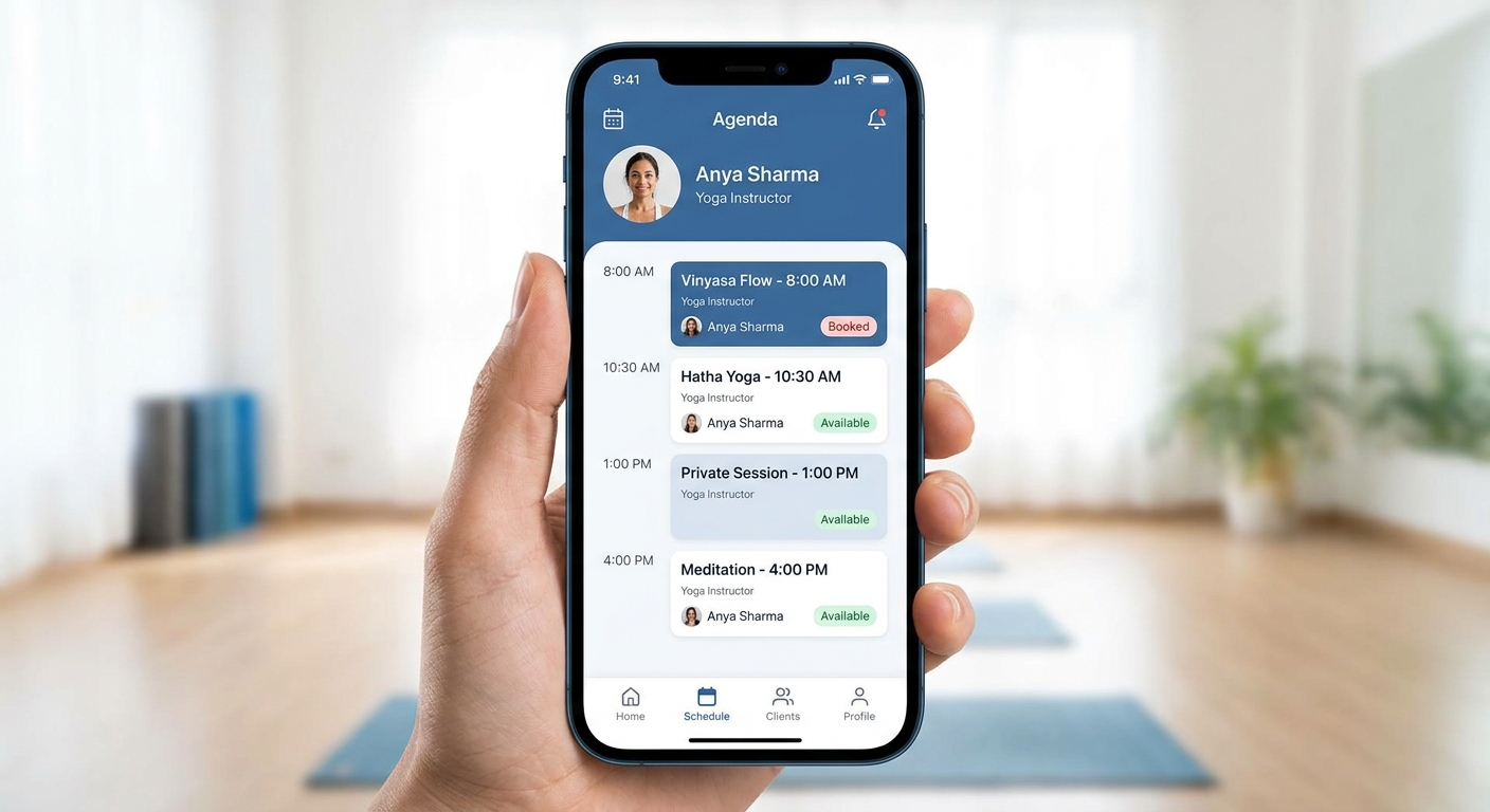 Aplicativo Personal Millbody para instrutores de yoga mostrando agenda e perfil profissional