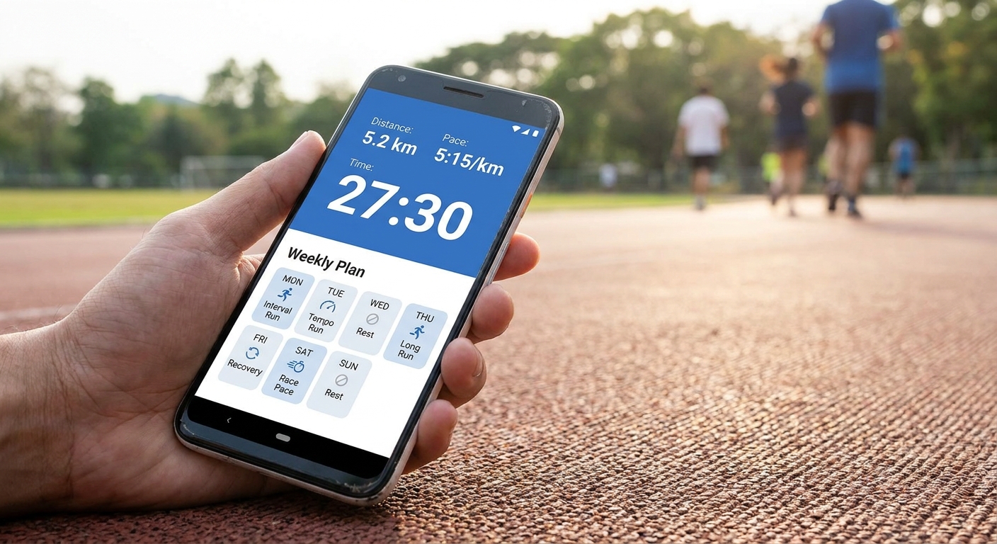 Personal trainer app mostrando interface de planilhas de corrida e métricas de performance em smartphone