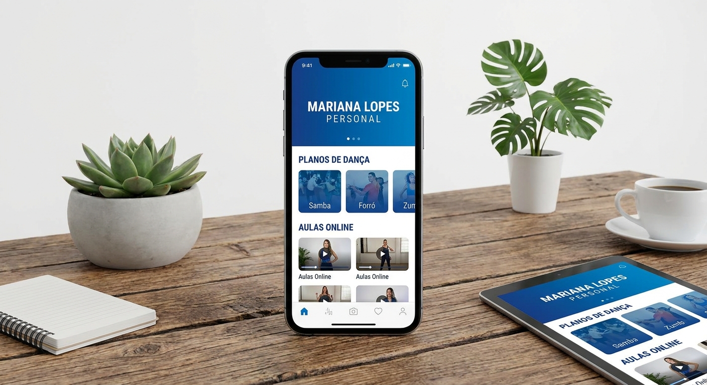 Mockup de aplicativo personalizado para personal trainer de dança com sistema de gestão de alunos