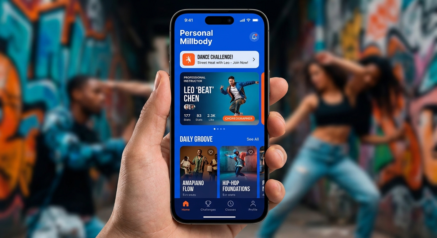 App personalizado para personal trainer de dança urbana Personal Millbody - smartphone com interface do aplicativo