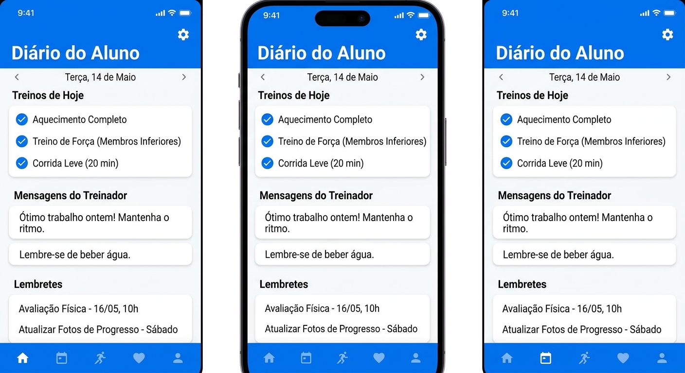 print da tela do aplicativo personal trainer Personal Millbody mostrando funcionalidade de diário do aluno com checklist de treinos