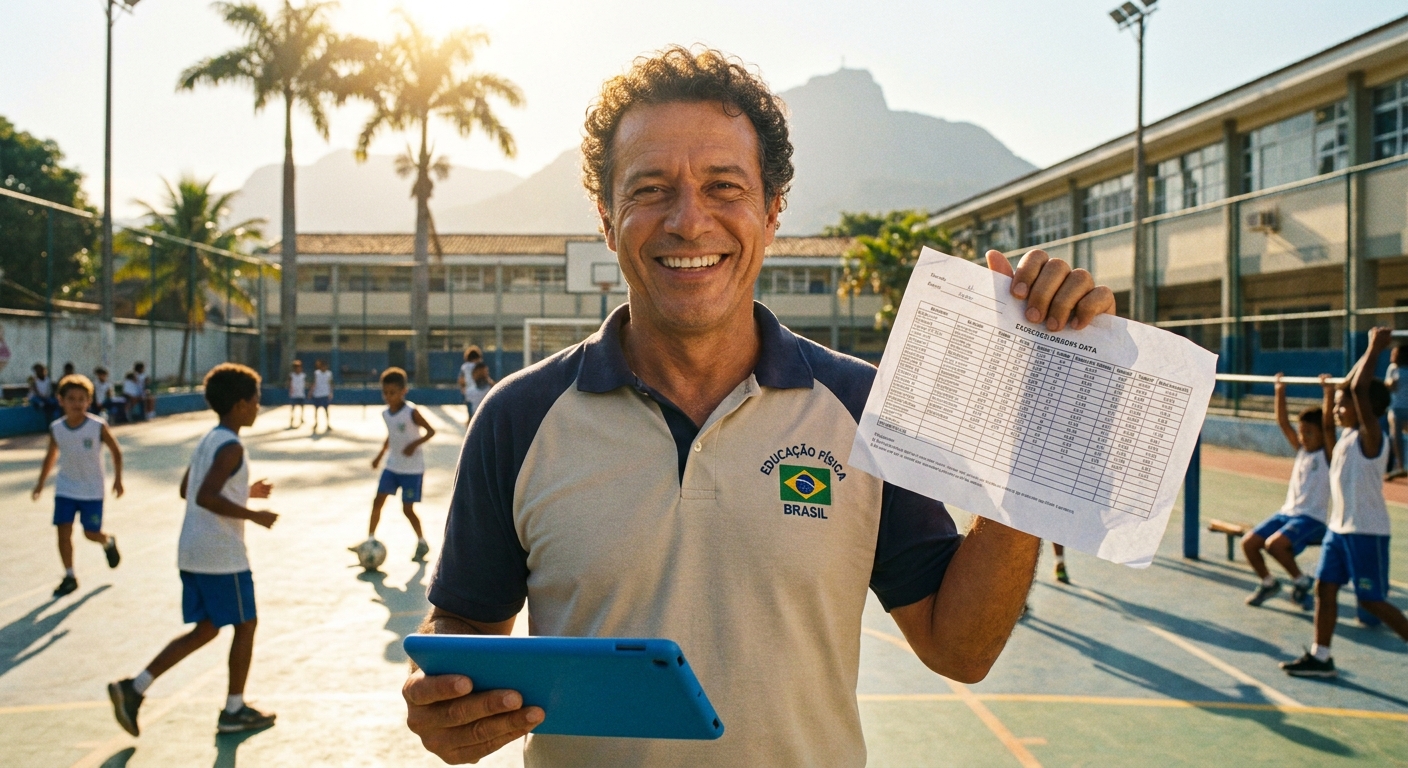 App para personal trainer escolar: professor de Educação Física usando tablet em quadra com alunos