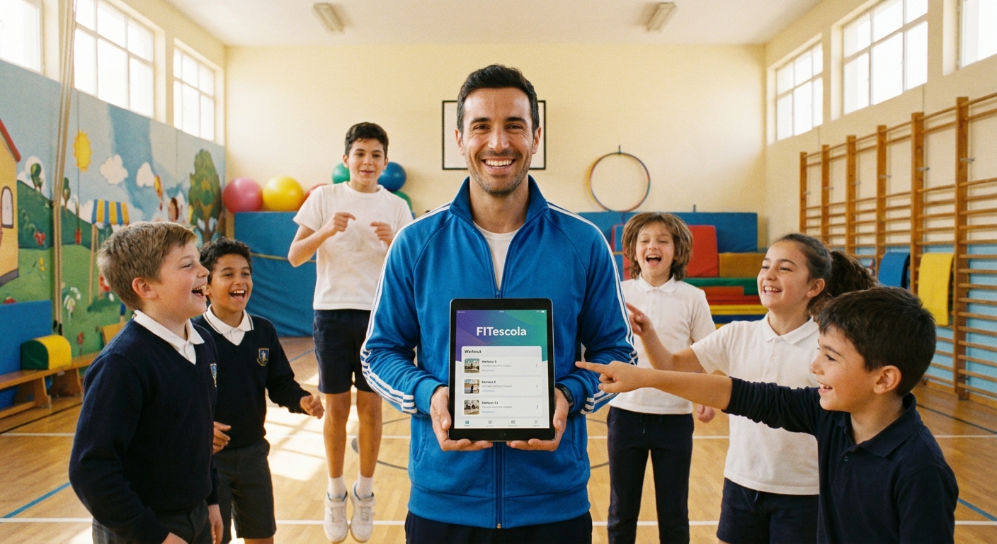 App para personal trainer escolar - Millbody App para personal trainer escolar - Educador físico usando tablet com Personal Millbody ao lado de crianças