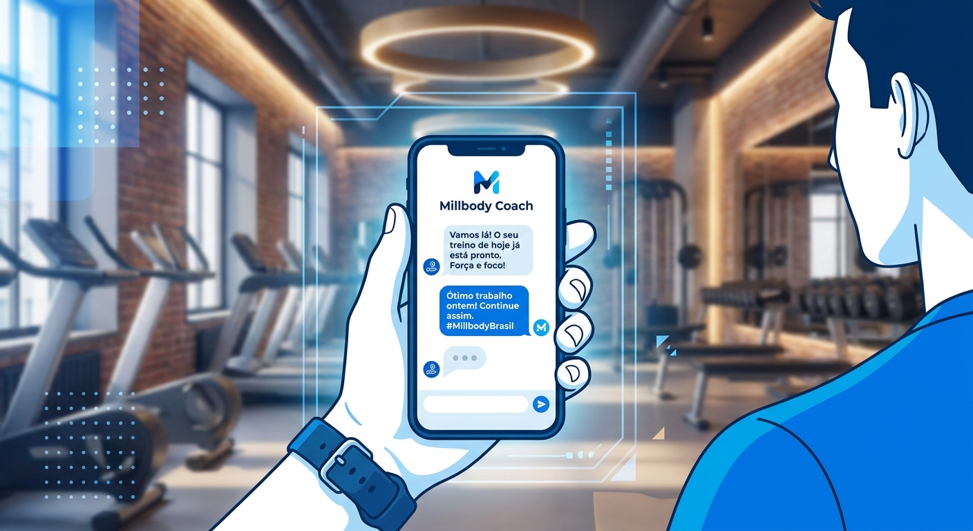 App Personal Trainer - Frases Motivacionais Millbody Tela do aplicativo Millbody mostrando envio de frases de treino para alunos