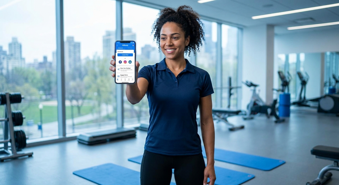 Personal trainer usando app personal trainer para Instagram no celular na academia
