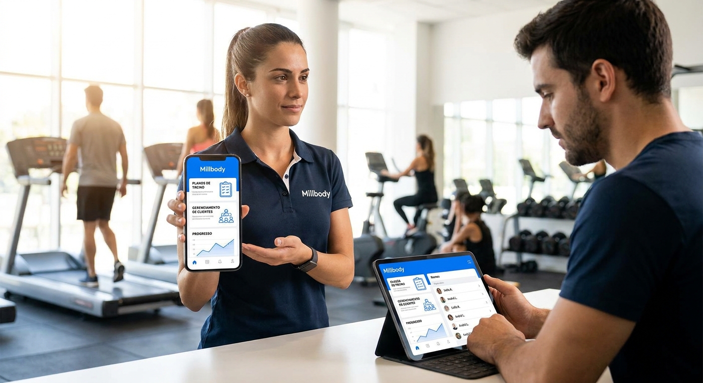 app para personal trainer Millbody dashboard mostrando gestão de alunos e treinos personalizados