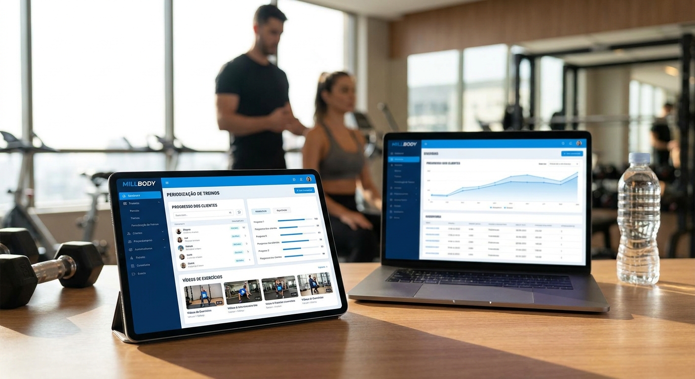 Interface do app Millbody mostrando periodização de treino personalizada com dashboard de progresso do aluno
