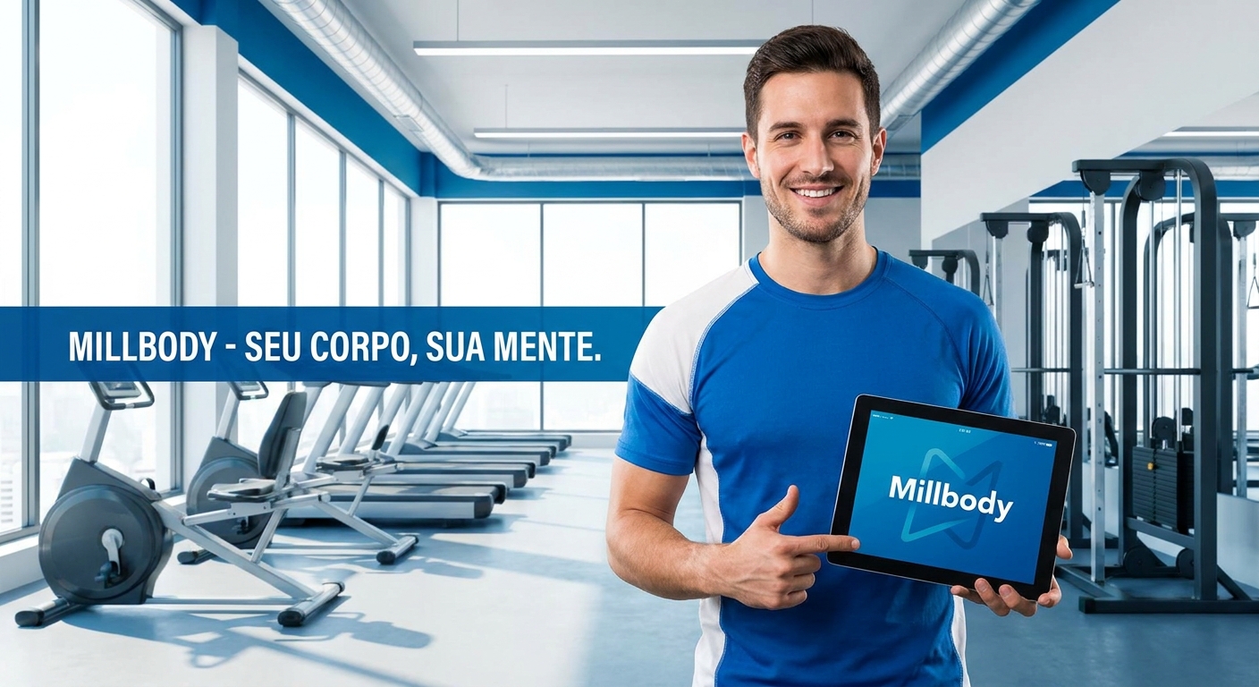 Celular mostrando tela do app Personal Millbody com painel de alunos