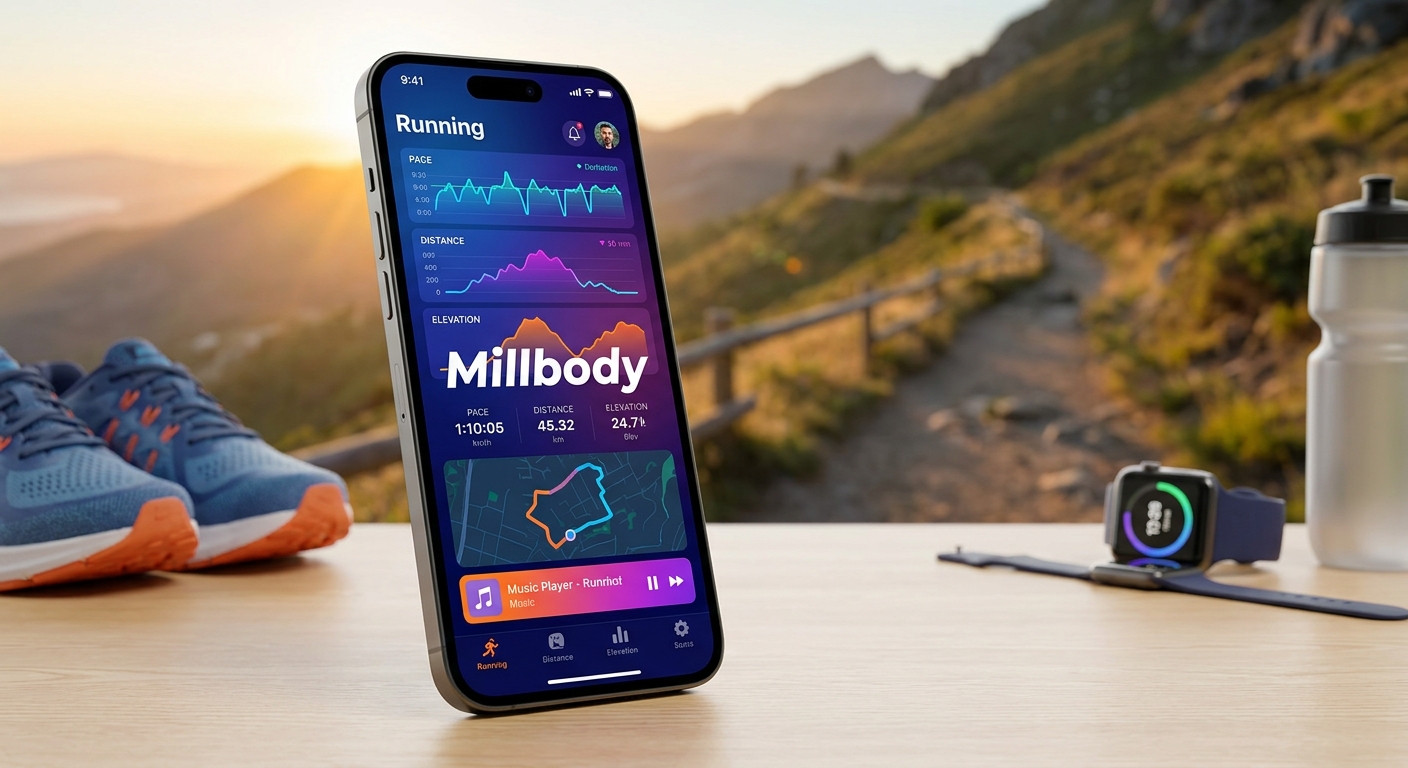 Mockup de um app para personal trainer em smartphone, mostrando gráficos de performance de corrida