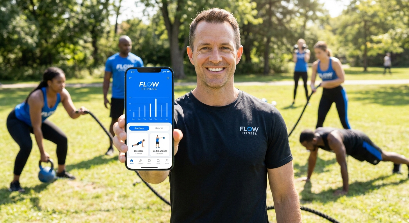 App para personal trainer Personal Millbody sendo usado por profissional com alunos ao fundo