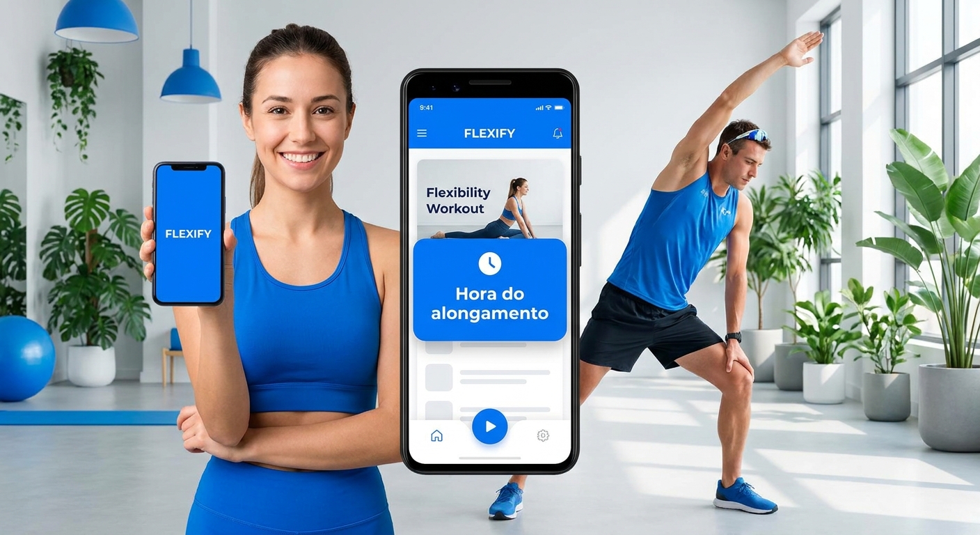 Instrutora de alongamento usando app Millbody para treinos de flexibilidade