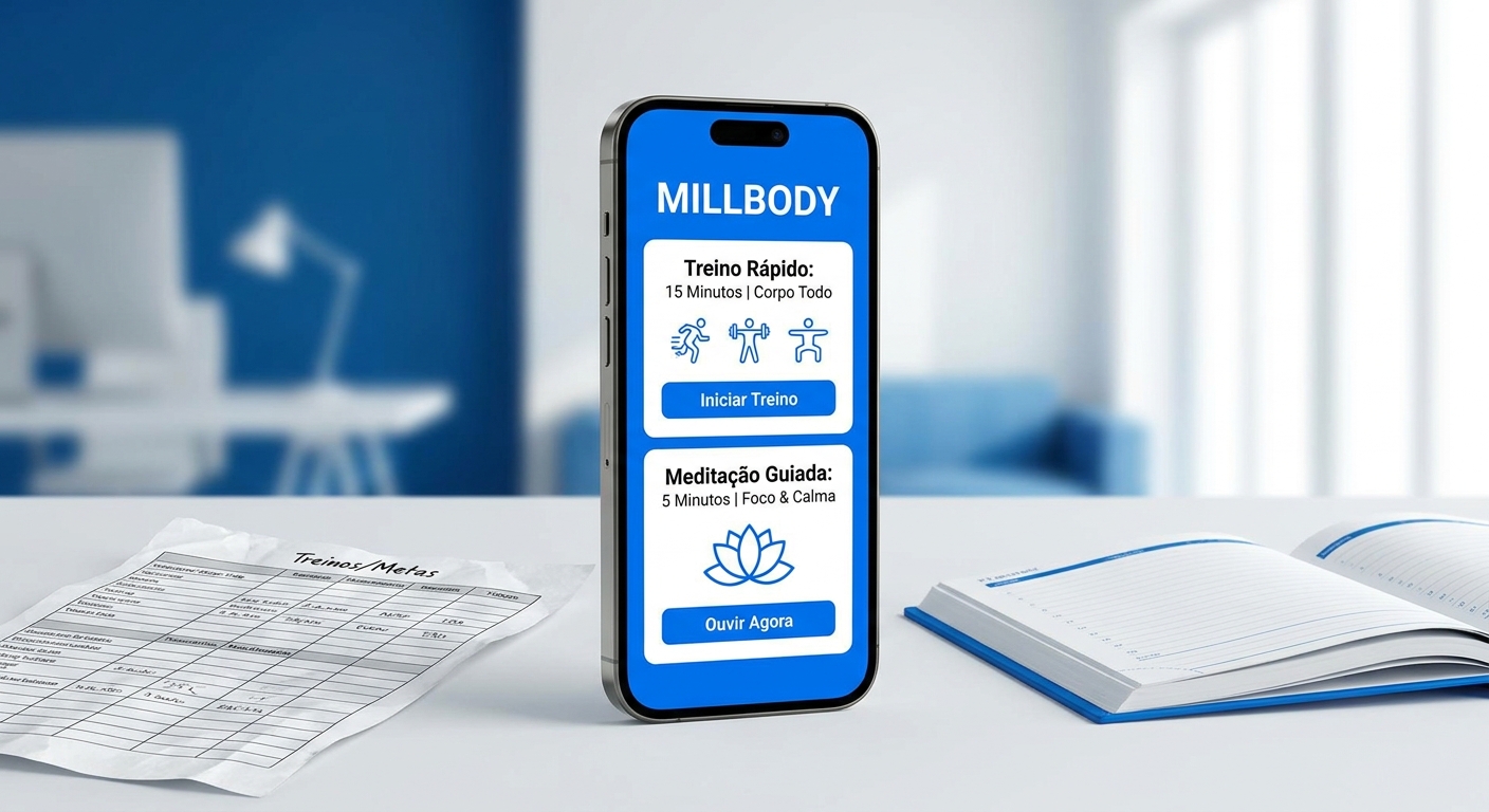 App personal trainer Millbody ao lado de planilha de treino amassada - tecnologia versus papel