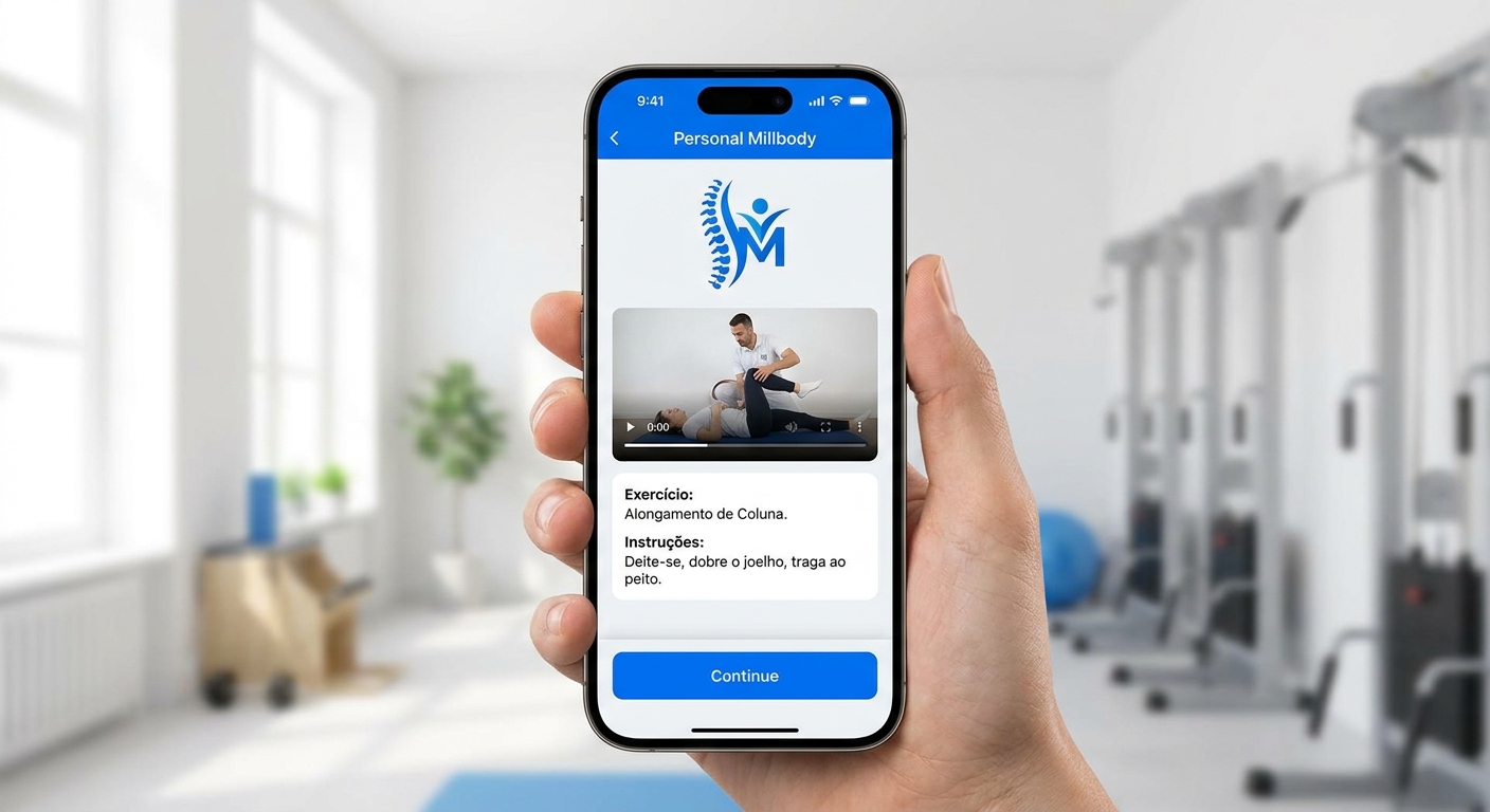 Mockup de smartphone com app Personal Millbody personalizado com logo e identidade visual do fisioterapeuta