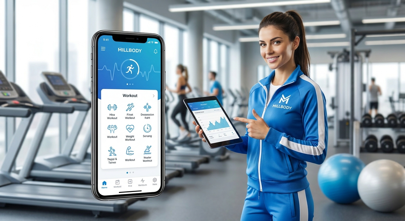 Interface do app Millbody para personal trainer mostrando tela de treino personalizado