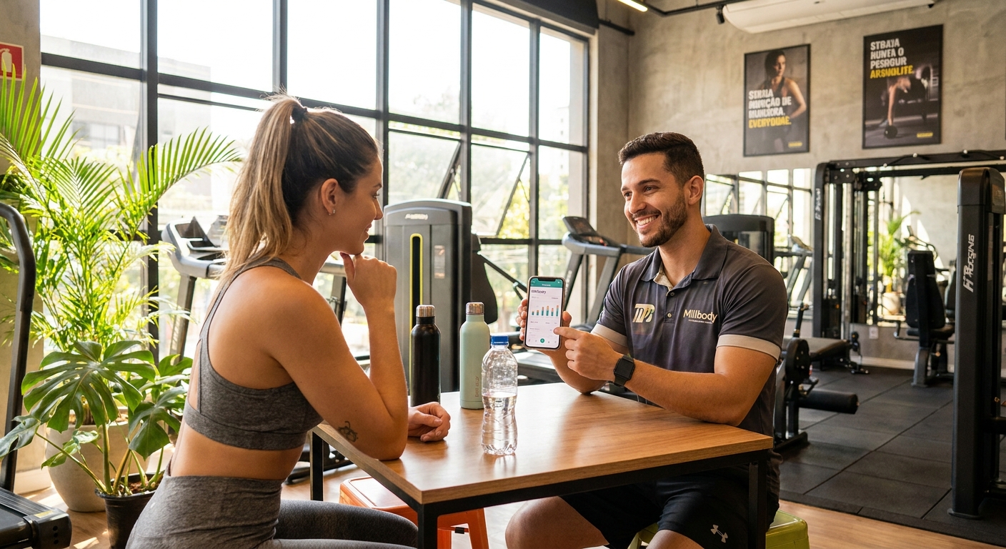 App personalizado para personal trainer Millbody sendo usado por profissional em academia