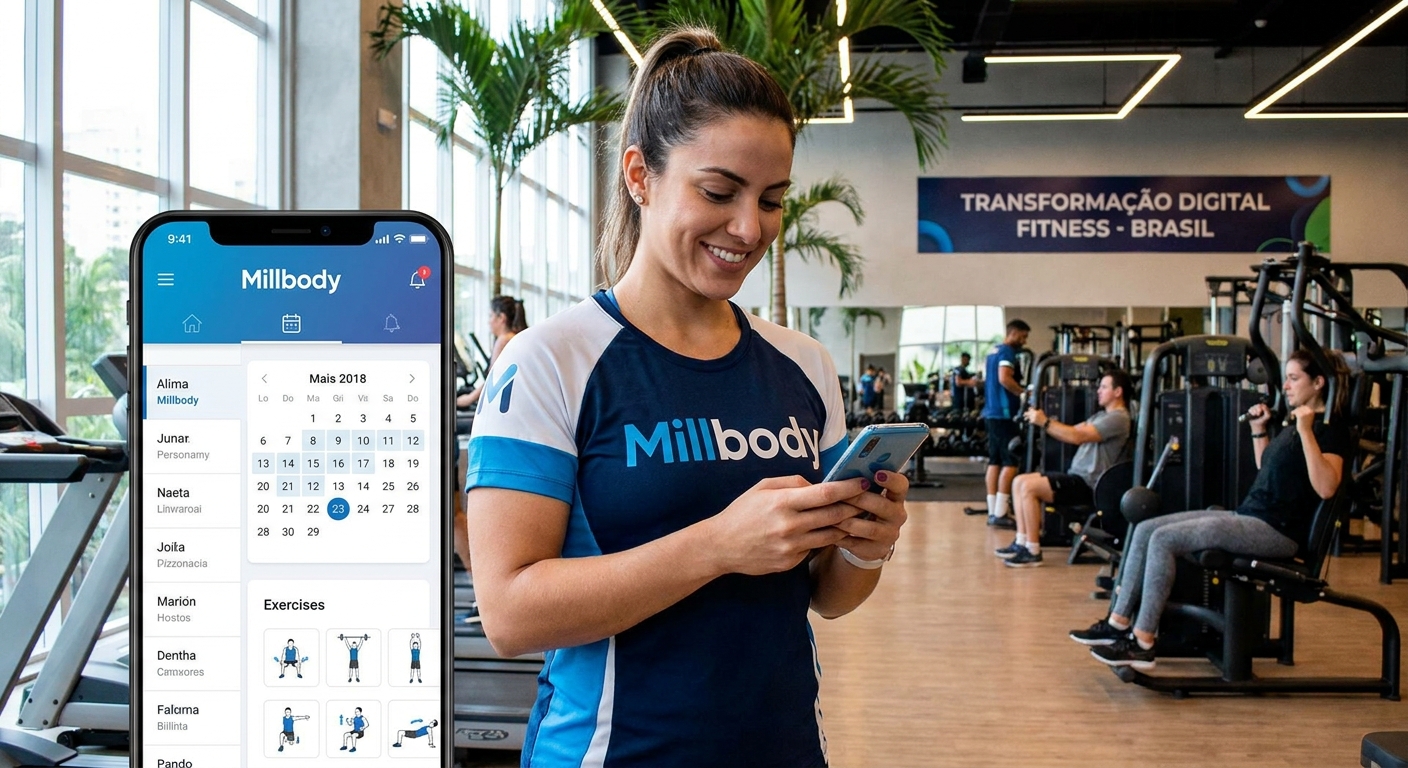 Dashboard do app Millbody mostrando agendamentos de alunos e treinos personalizados para personal trainer