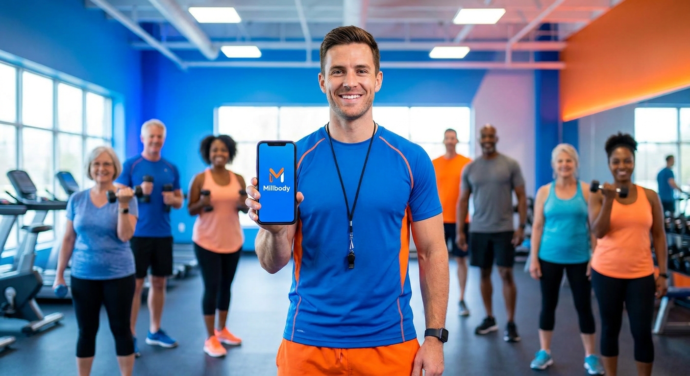 App Personalizado para Personal Trainer - Millbody Personal trainer usando app personalizado Millbody com equipe de alunos motivados na academia
