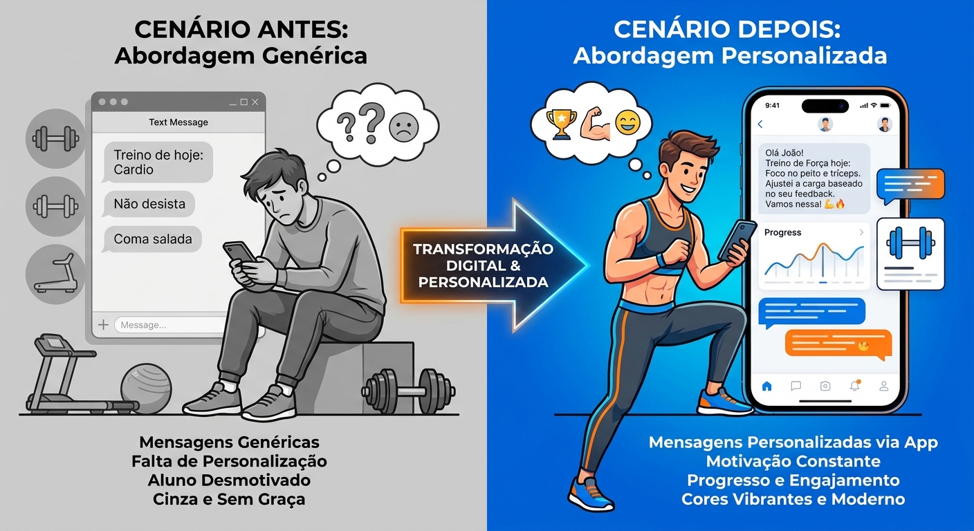 Infográfico mostrando antes e depois de um aluno que recebe mensagens personalizadas via app personalizado para personal trainer