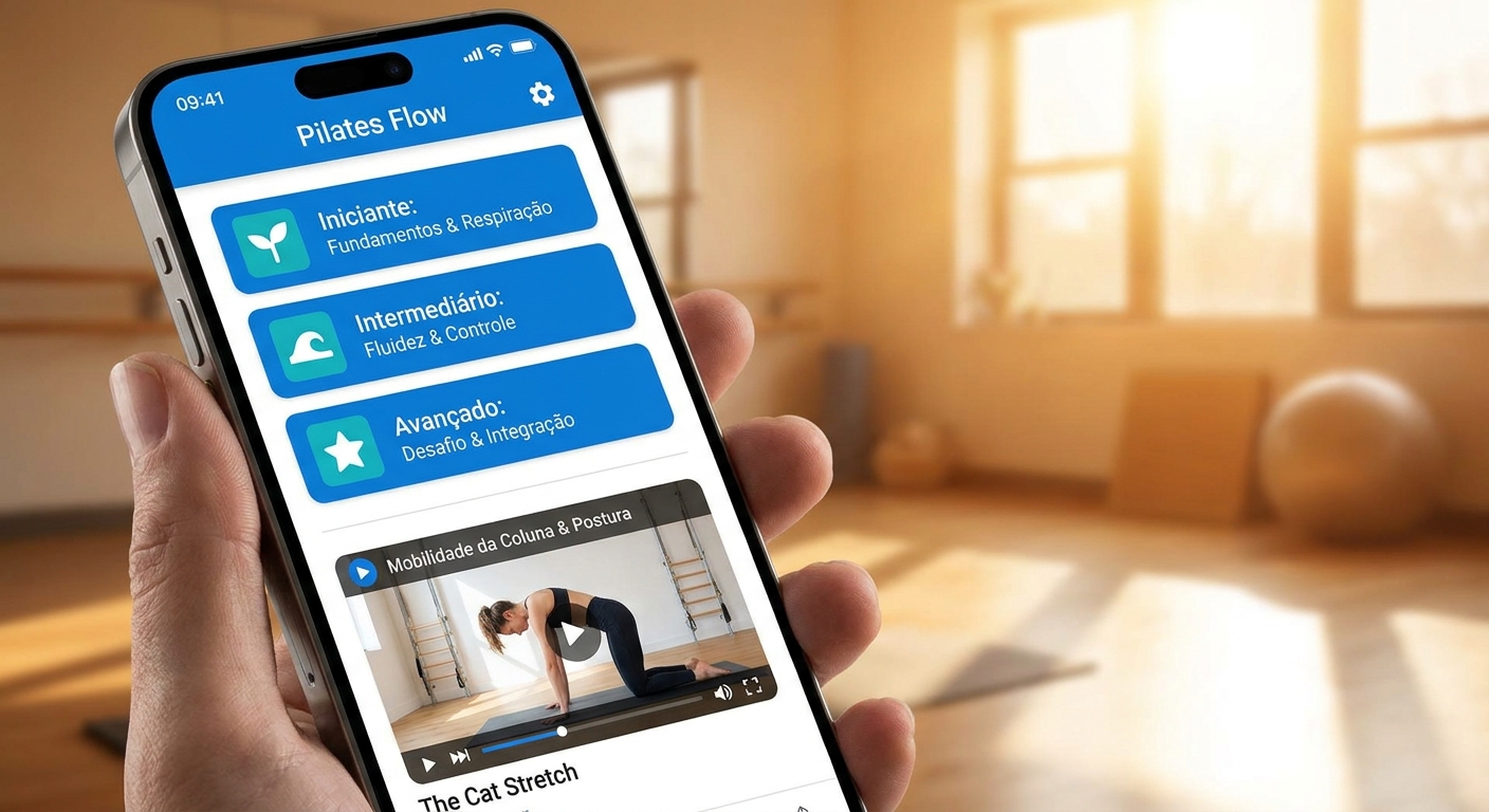 app para professor de pilates mostrando sequência de pilates com níveis de dificuldade iniciante, intermediário e avançado