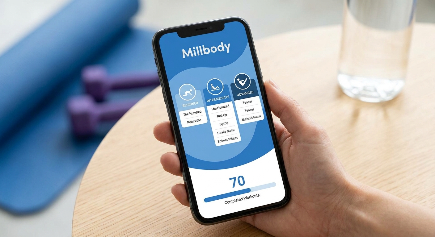 Mockup do app Personal Millbody mostrando tela de sequências de Pilates organizadas por níveis de dificuldade: iniciante, intermediário e avançado