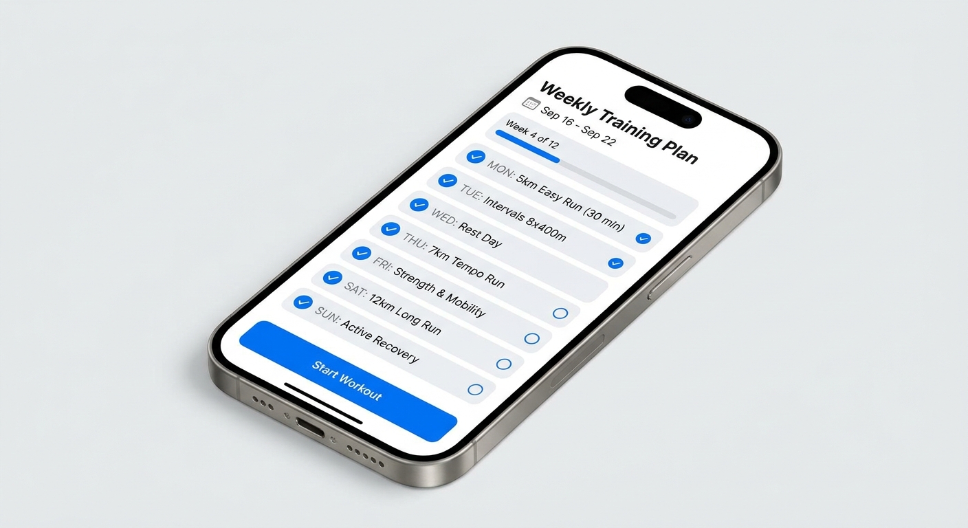 Mockup de celular mostrando aplicativo para treinos de corrida com planilha semanal