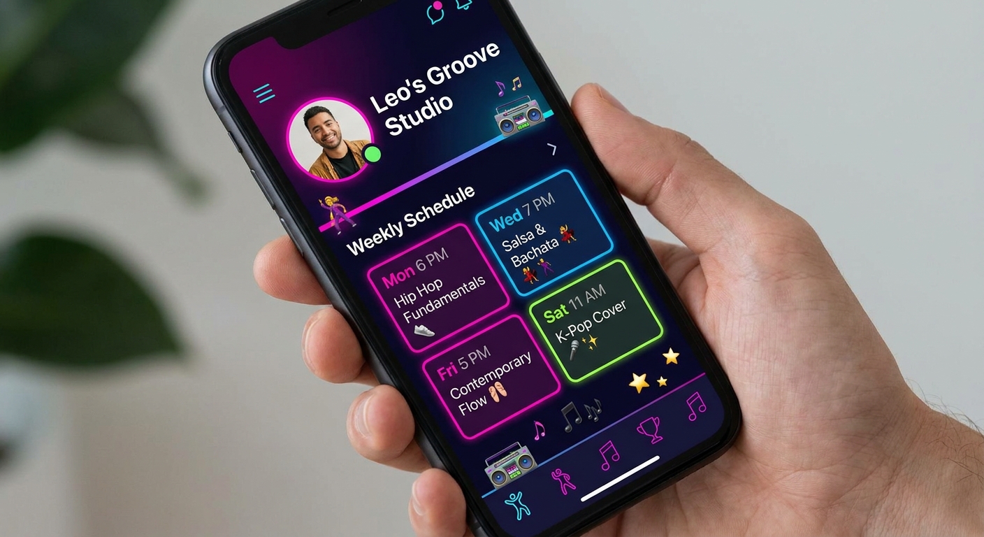 Mockup de aplicativo para professor de dança mostrando agenda e perfil personalizado