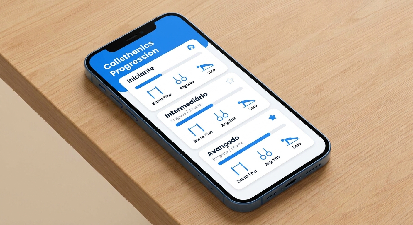 Mockup do app Millbody mostrando tela de progressão por níveis para calistenia: iniciante, intermediário e avançado