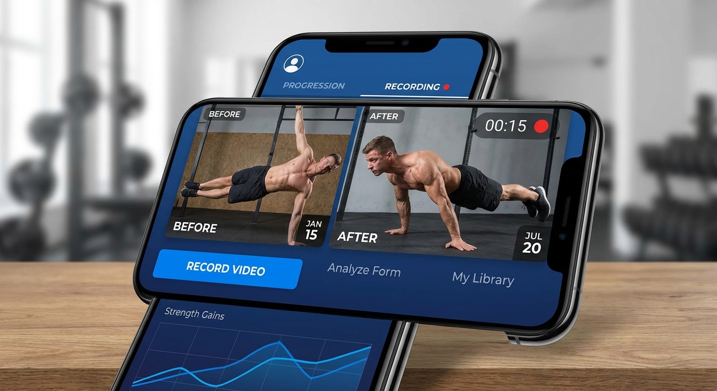 Mockup de aplicativo mostrando funcionalidade de registro em vídeo da evolução do aluno de calistenia - Personal Millbody