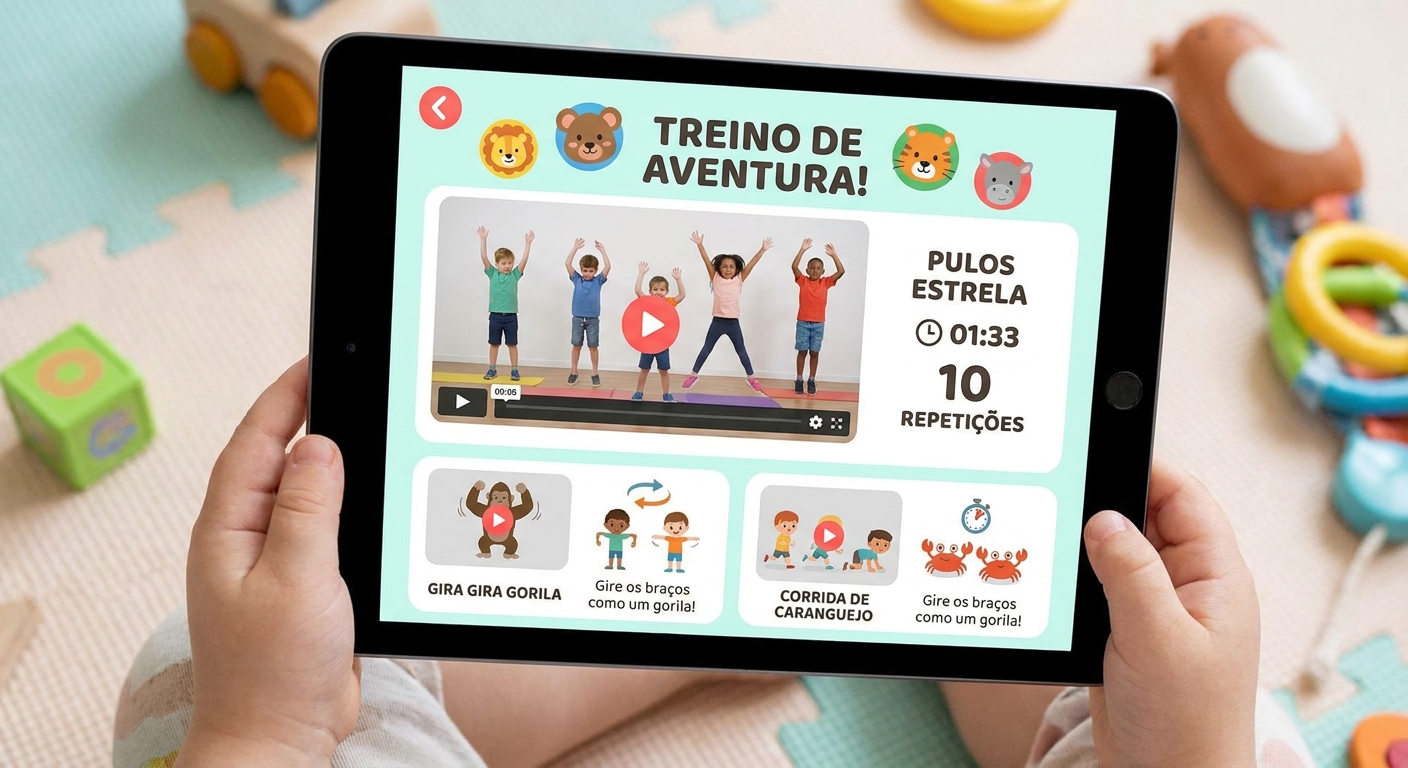 Interface de um app de personal trainer mostrando uma rotina personalizada com vídeos
