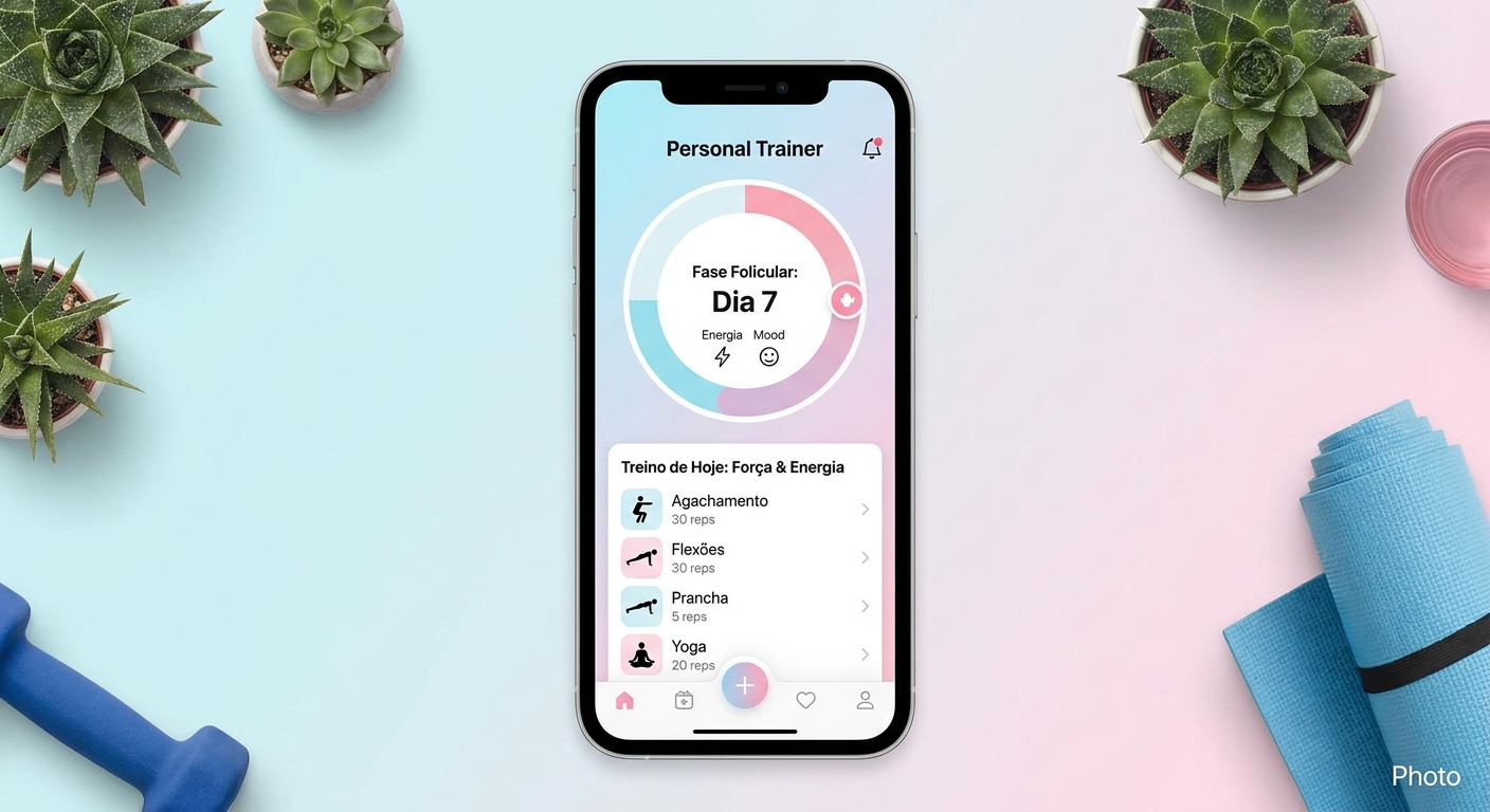 App personal trainer treino feminino com fases hormonais Aplicativo para personal trainer mostrando treino personalizado por fase hormonal feminina