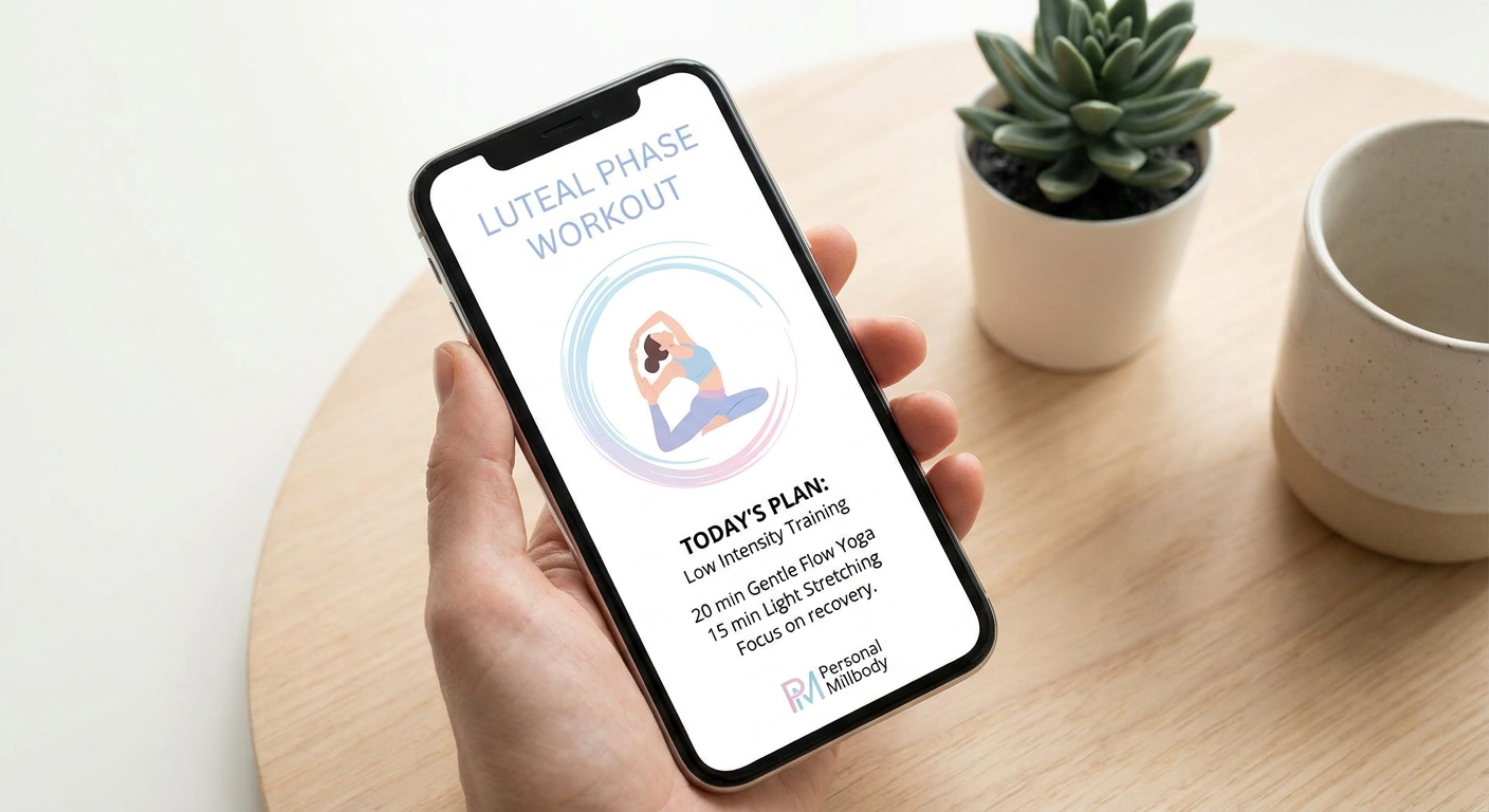 aplicativo de treino feminino Personal Millbody exibindo treino adaptado para a fase lútea do ciclo menstrual