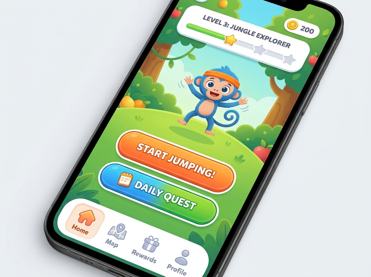 Print da tela do app de treino personalizado para crianças com cores vibrantes