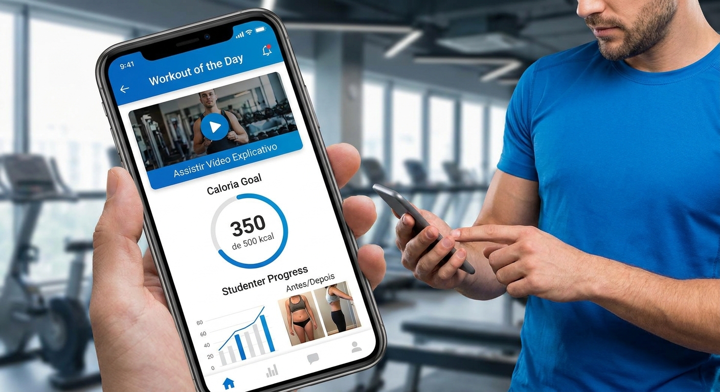Mockup do app para personal trainer Millbody mostrando treino do dia com vídeo e meta calórica