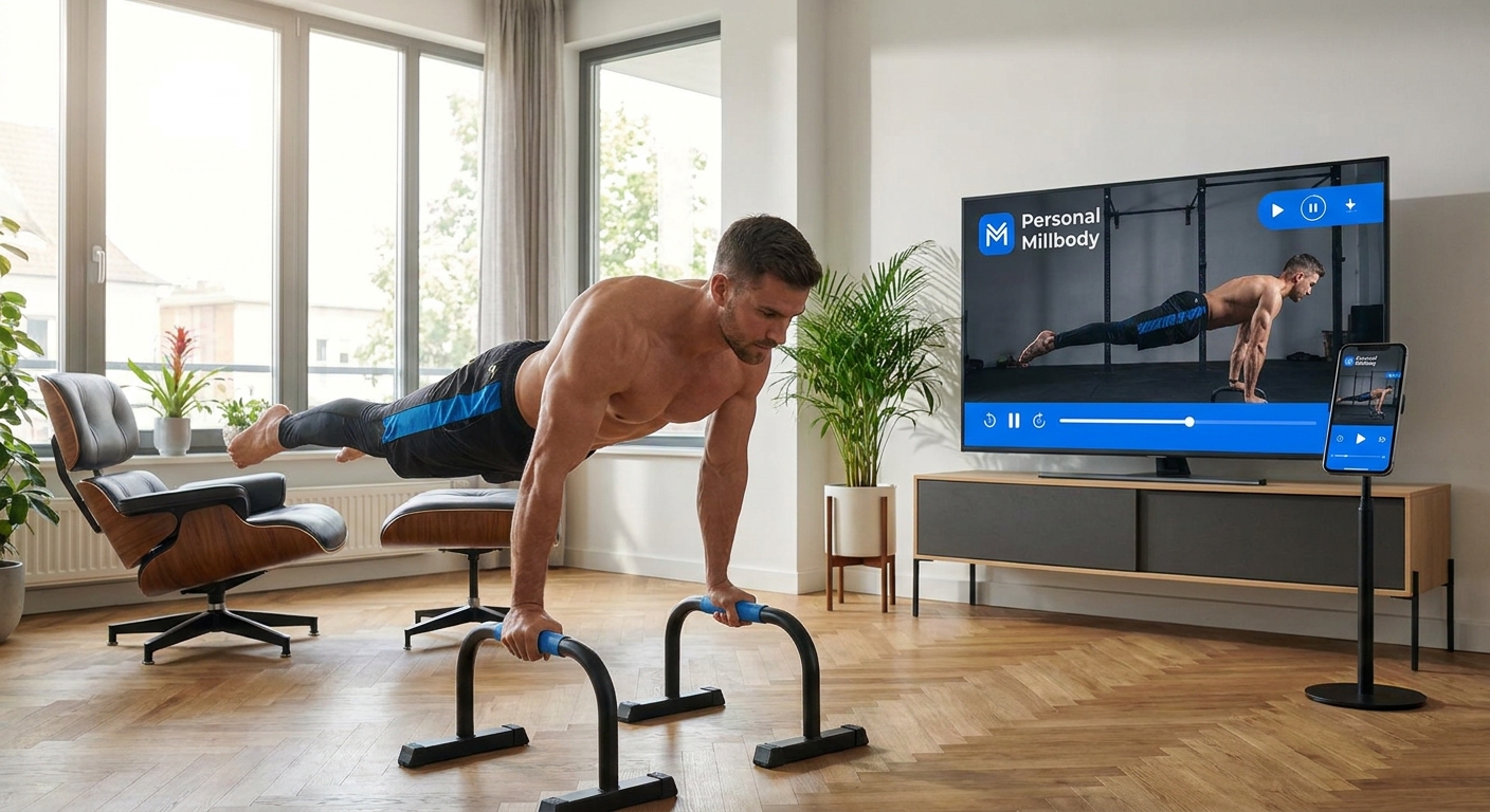 Instrutor de calistenia usando o app Personal Millbody na TV com celular ao lado mostrando o mesmo treino