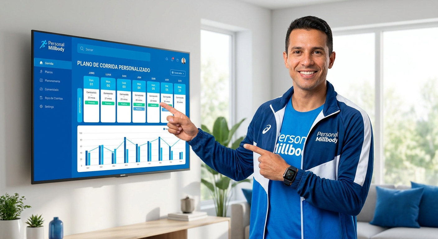 Coach de corrida usando app para TV Personal Millbody com treino na tela grande