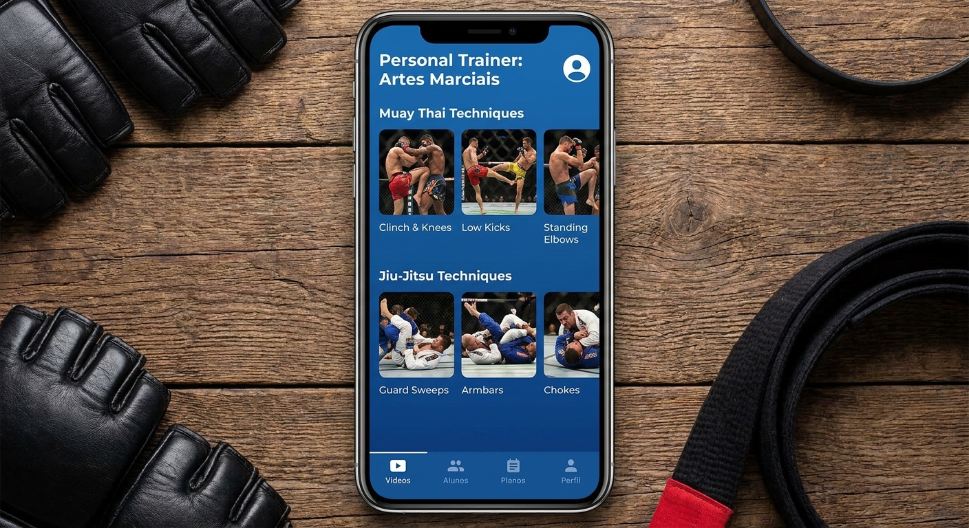 Print do aplicativo Personal Millbody mostrando tela de vídeos de técnica de muay thai e jiu-jitsu