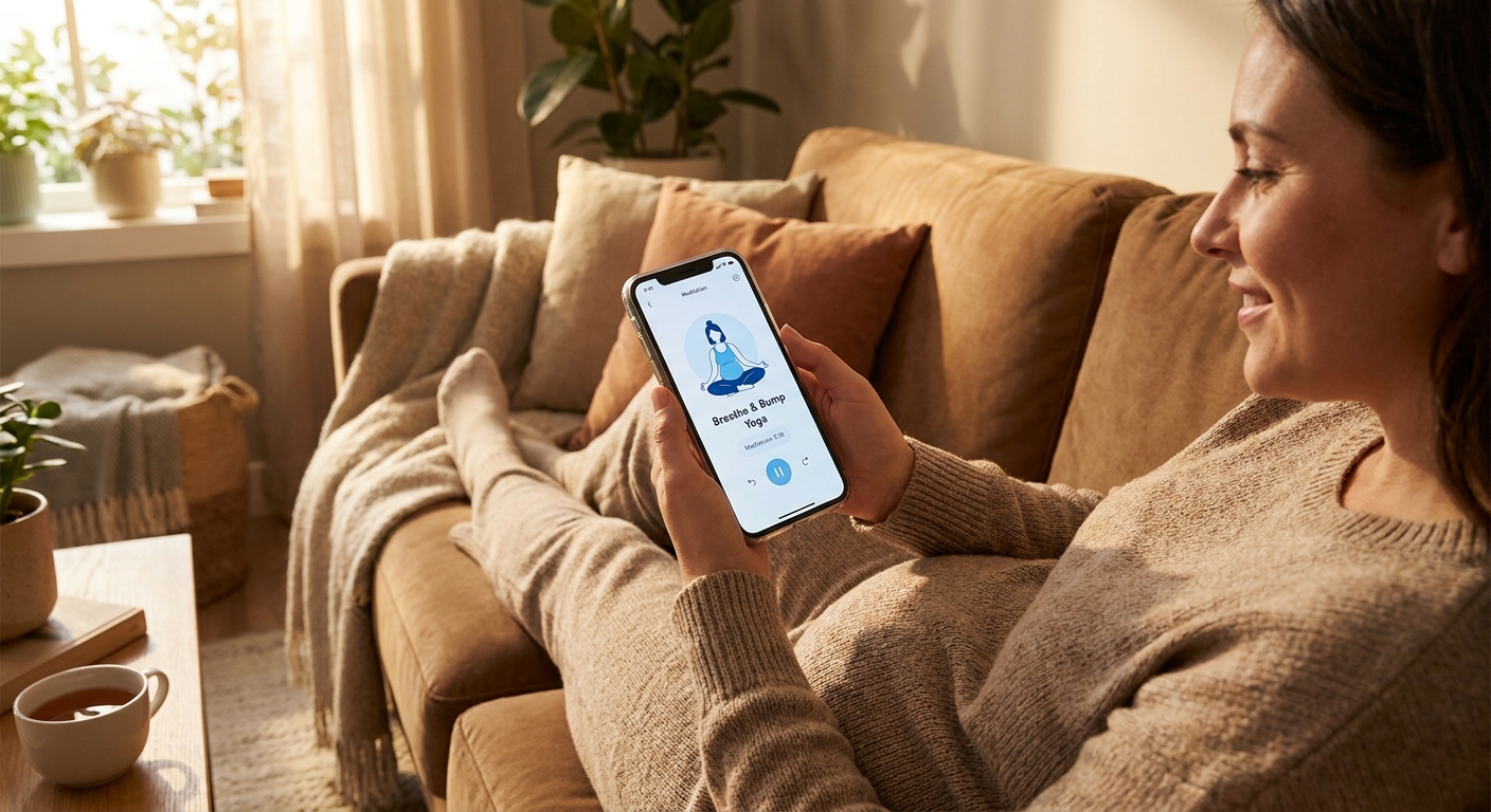 Gestante usando o aplicativo Vitalizen em casa, mockup do app na mão