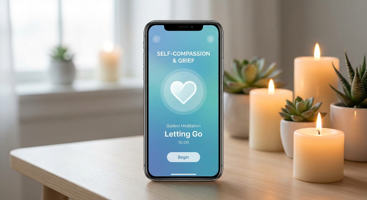 Mockup do aplicativo Vitalizen exibindo meditação guiada sobre luto e autocompaixão em tons azuis