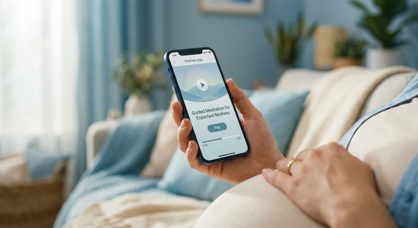 Aplicativo Vitalizen App na mão de gestante com meditação guiada para grávidas na tela