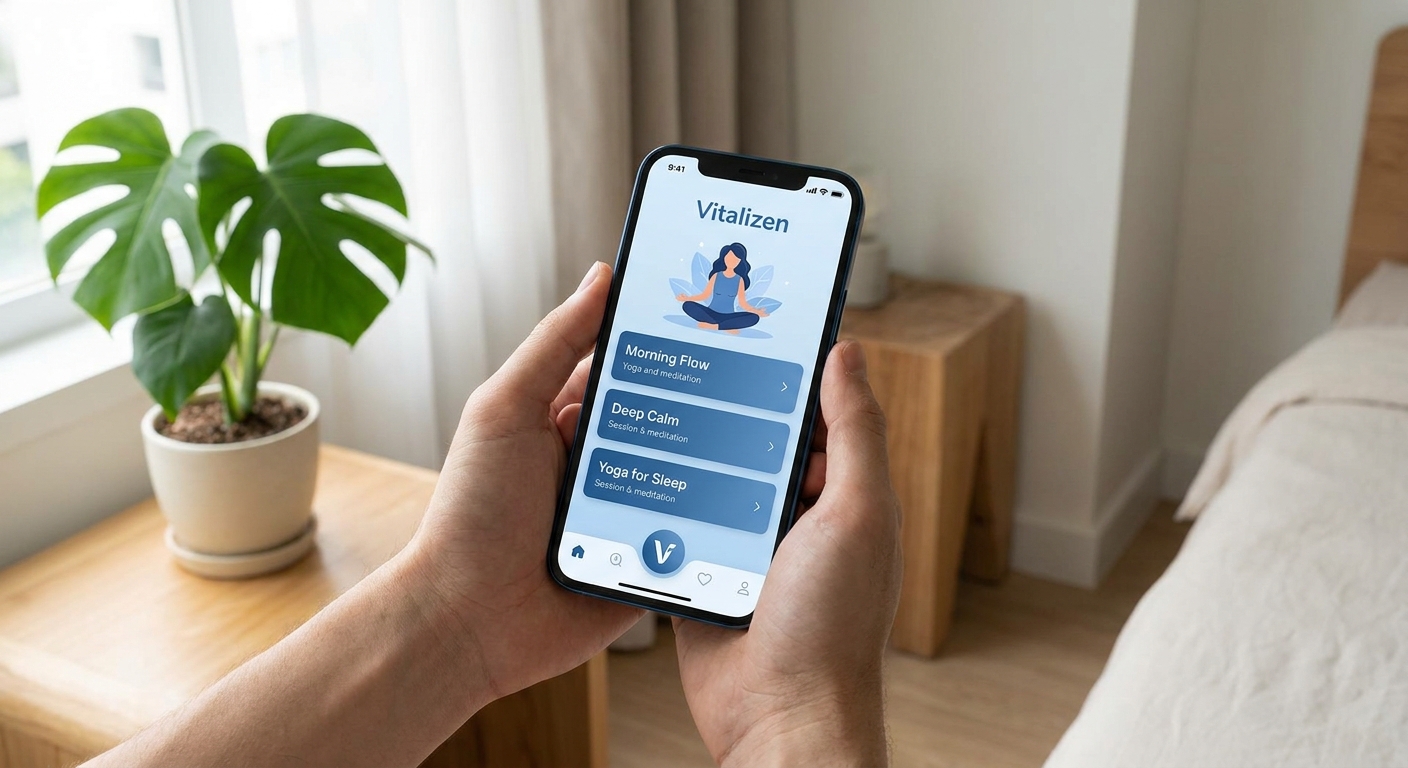 Mockup do aplicativo Vitalizen na tela do celular mostrando sessões de yoga e meditação guiada
