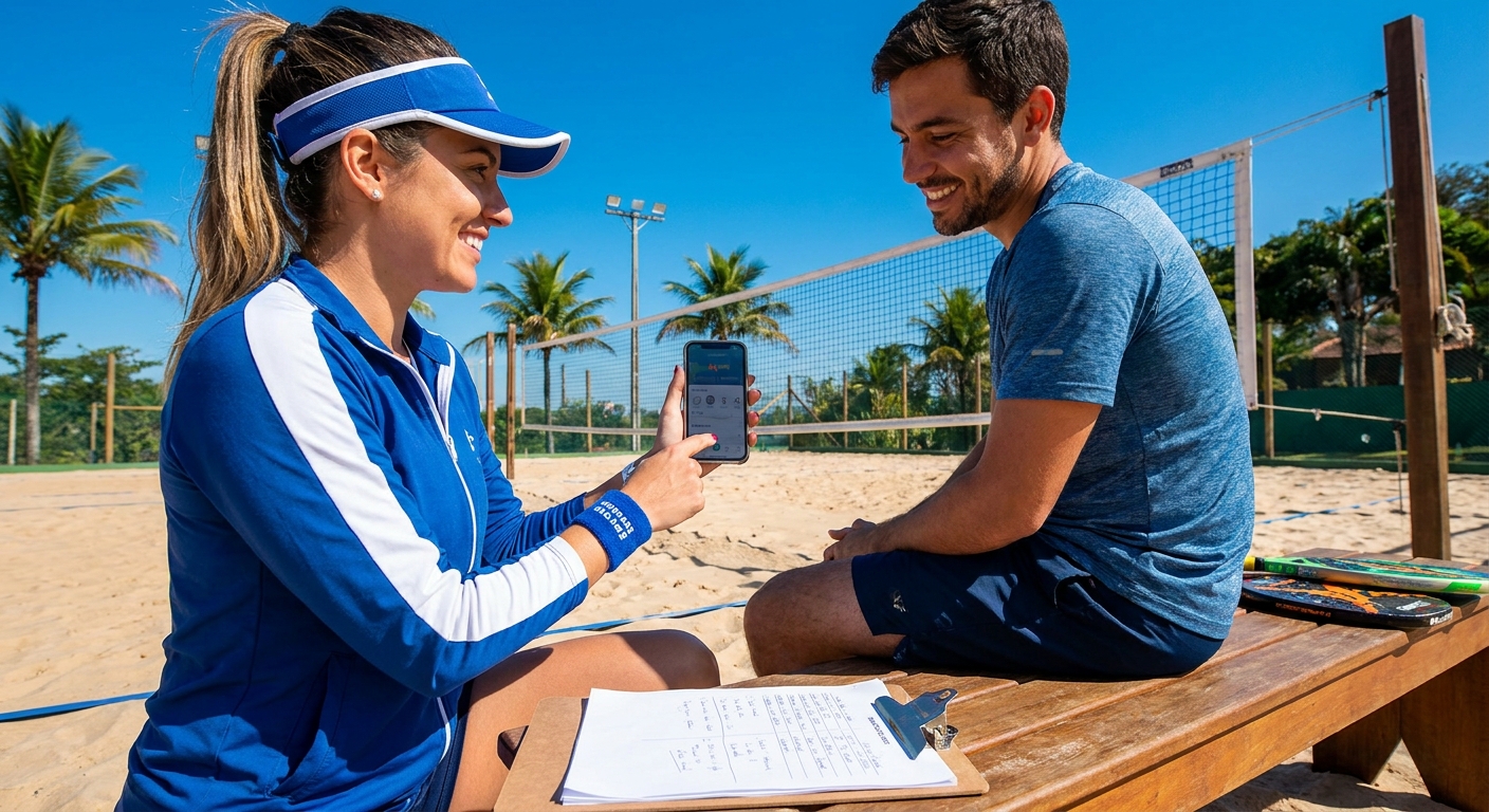 Personal trainer usando app Millbody durante treino de Beach Tennis ao lado de uma planilha de papel