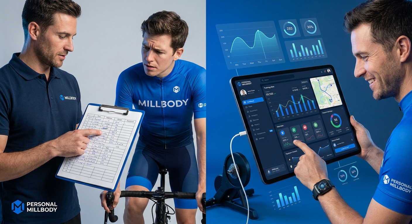 Preparador físico analisando dados de ciclismo em tablet com app de treinos, comparando com planilha antiga ao lado