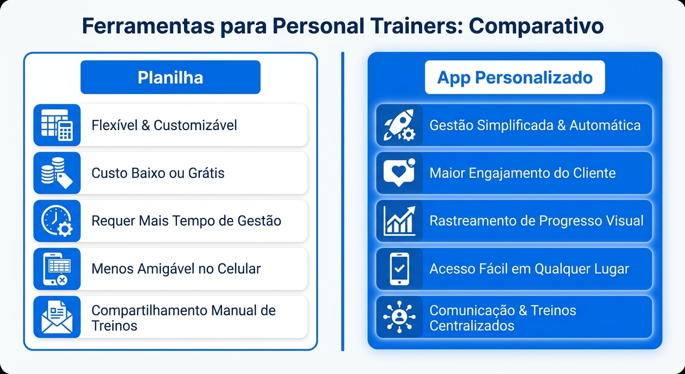 Infográfico comparando app para personal trainer e planilha de treinos
