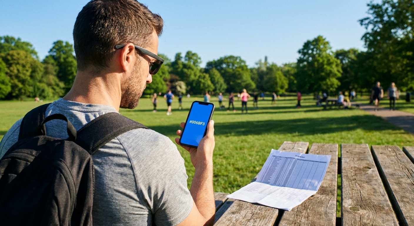 Instrutor funcional usando app de treino ao lado de planilha amassada em parque